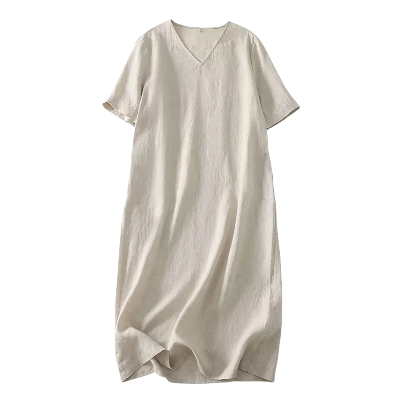 Beige V-neck short-sleeved dress for women in summer, pure cotton, simple and slimming Item Picture