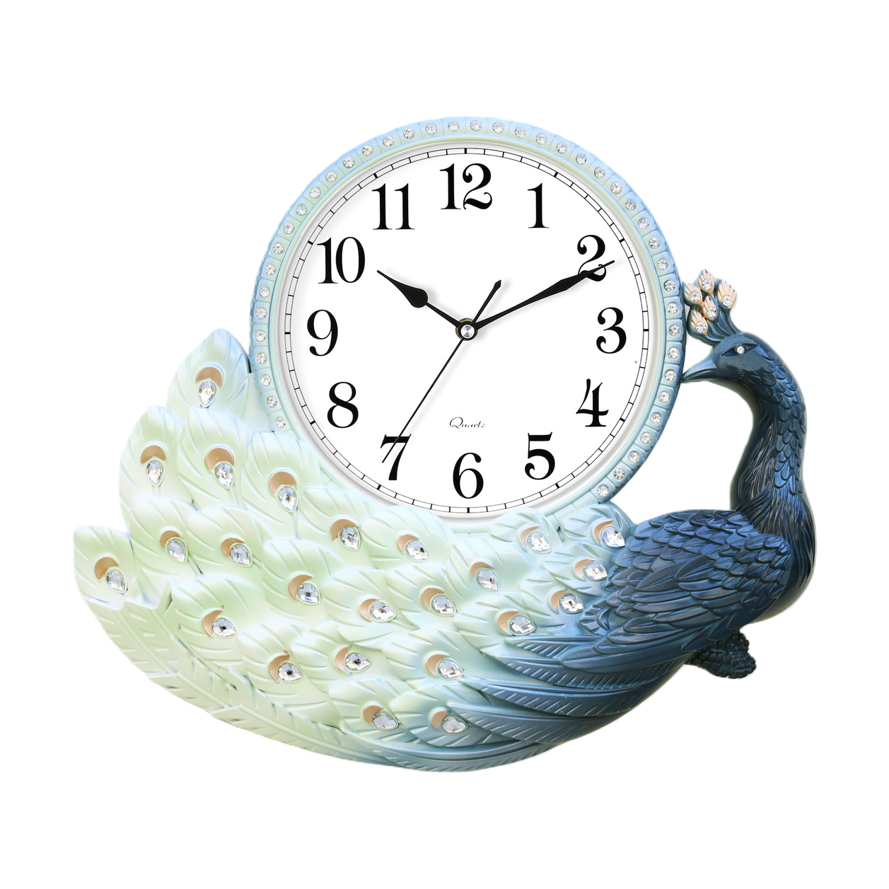 A peacock-shaped wall clock with a blue frame, white face and tail feathers decorated with crystal ornaments. It is a decorative clock for the living room and bedroom Item Picture