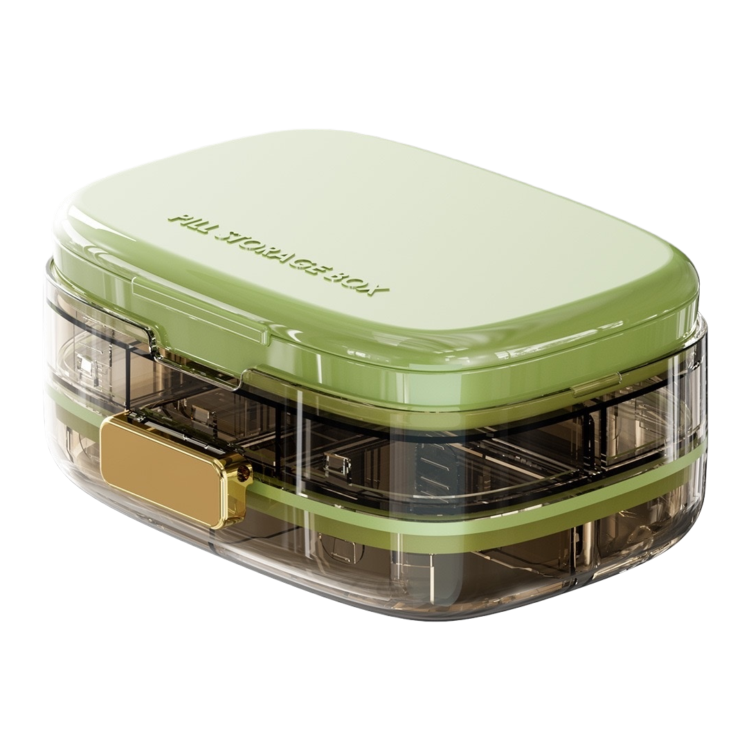 Green medicine box, household portable compartment-type storage box, moisture-proof and sealed medicine organization box Item Picture