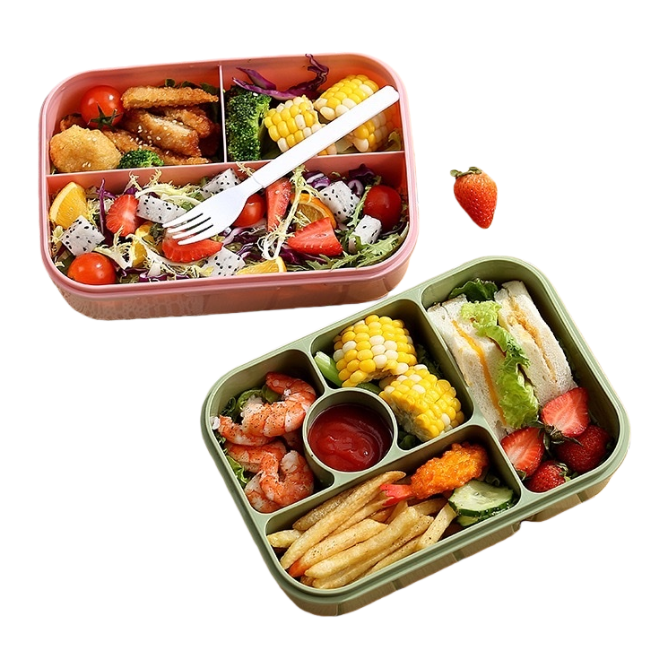 Pink compartments lunch box, fried chicken nuggets, corn salad, green compartments shrimp sandwiches, French fries, light green cartoon stickers, lunch box lid Item Picture