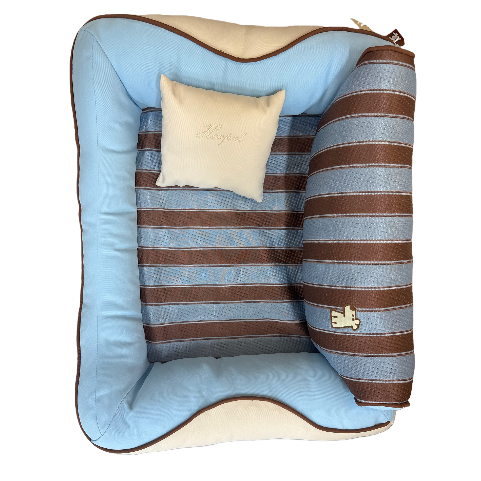 A blue and brown striped pet bed with beige small pillows, thickened cotton and linen pet bed for dogs and cats Item Picture