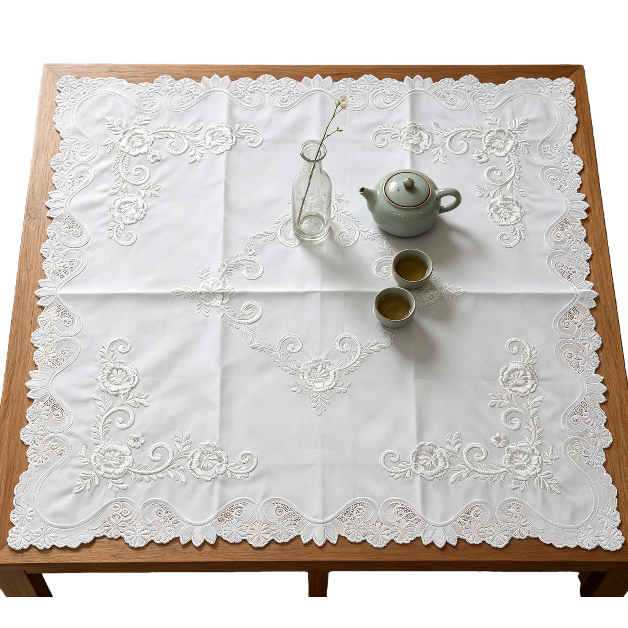 White embroidered tablecloth paired with tea set, living room dining table decoration fabric home furnishings Item Picture