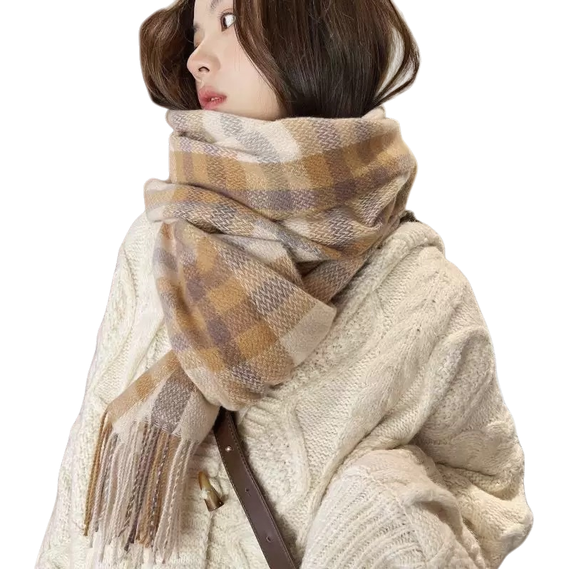 Beige checkered scarf for women, warm in autumn and winter, long pure cotton knitted, fashionable and versatile Item Picture