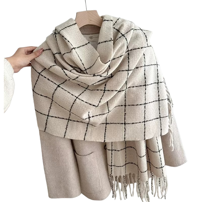 Beige checkered tassel scarf for warmth in autumn and winter, pure cotton knitted, fashionable and versatile for women Item Picture