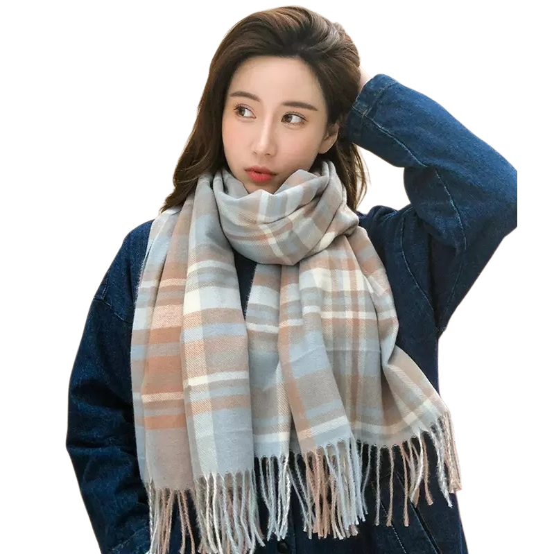 A checked scarf for women paired with a blue denim jacket as a warm autumn and winter accessory Item Picture
