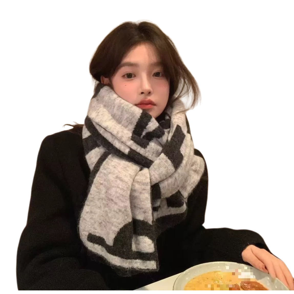 Grey and black checkered scarf for women, warm in autumn and winter, long pure cotton knitted, fashionable and versatile Item Picture
