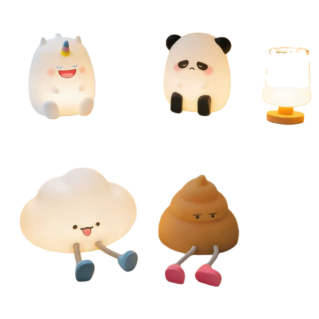 Illuminated cartoon-shaped light fixtures featuring unicorns, pandas, clouds and pot-shaped night lights Item Picture