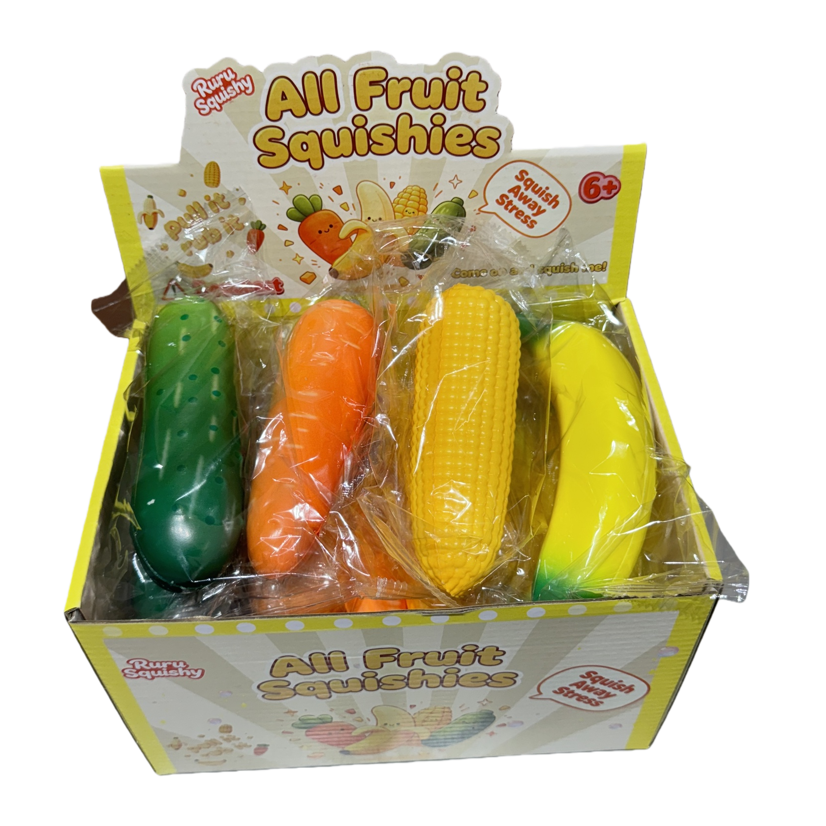 Colorful fruit and vegetable shaped stress-relieving toys inside the yellow packaging box Item Picture
