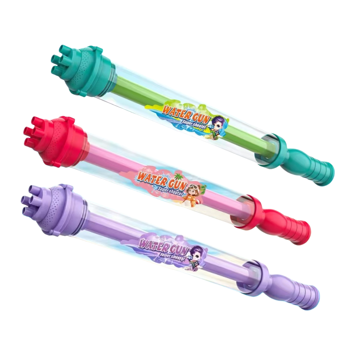 Colorful water gun toy: green, pink and purple three-color variable hole firework water gun, transparent tube body, multi-hole nozzle, rotating switch Item Picture