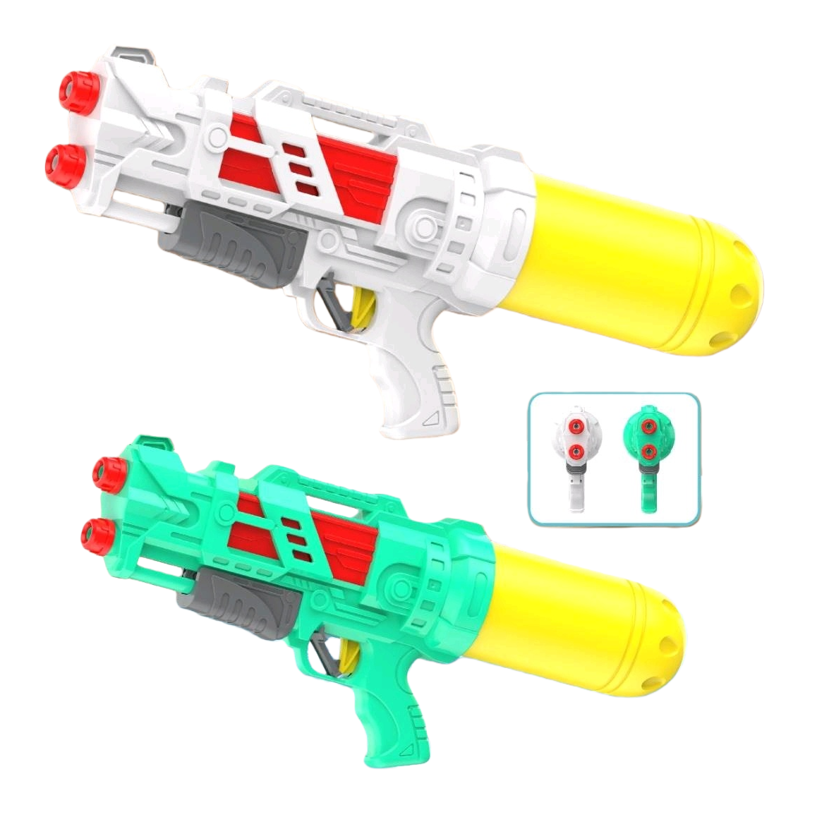 A white and green water gun with a yellow water storage tank and red and gray details, a children's summer toy Item Picture