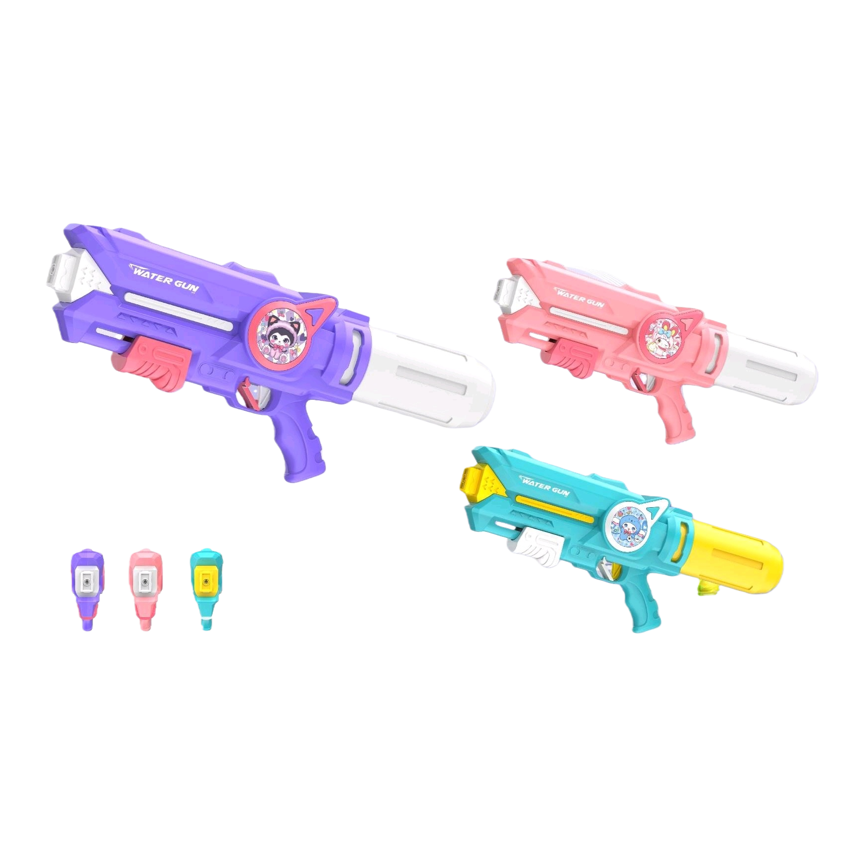 Three types of soda guns in purple, pink and blue, with white and yellow water storage tanks, cartoon stickers and a light purple and blue gradient background Item Picture