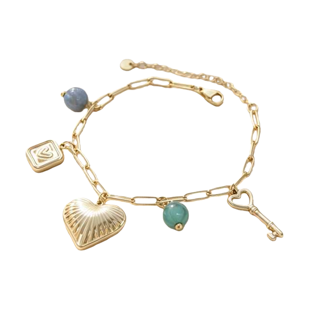 Golden chain bracelet with heart-shaped shell key, blue-green beads, square pendant Item Picture