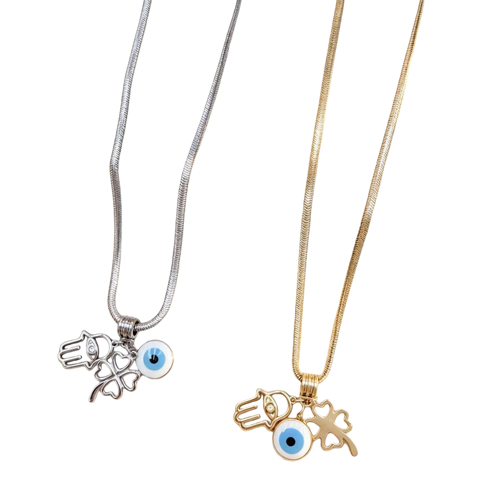 A silver and gold snake bone chain necklace with Fatima's hand and a blue eye four-leaf clover pendant Item Picture