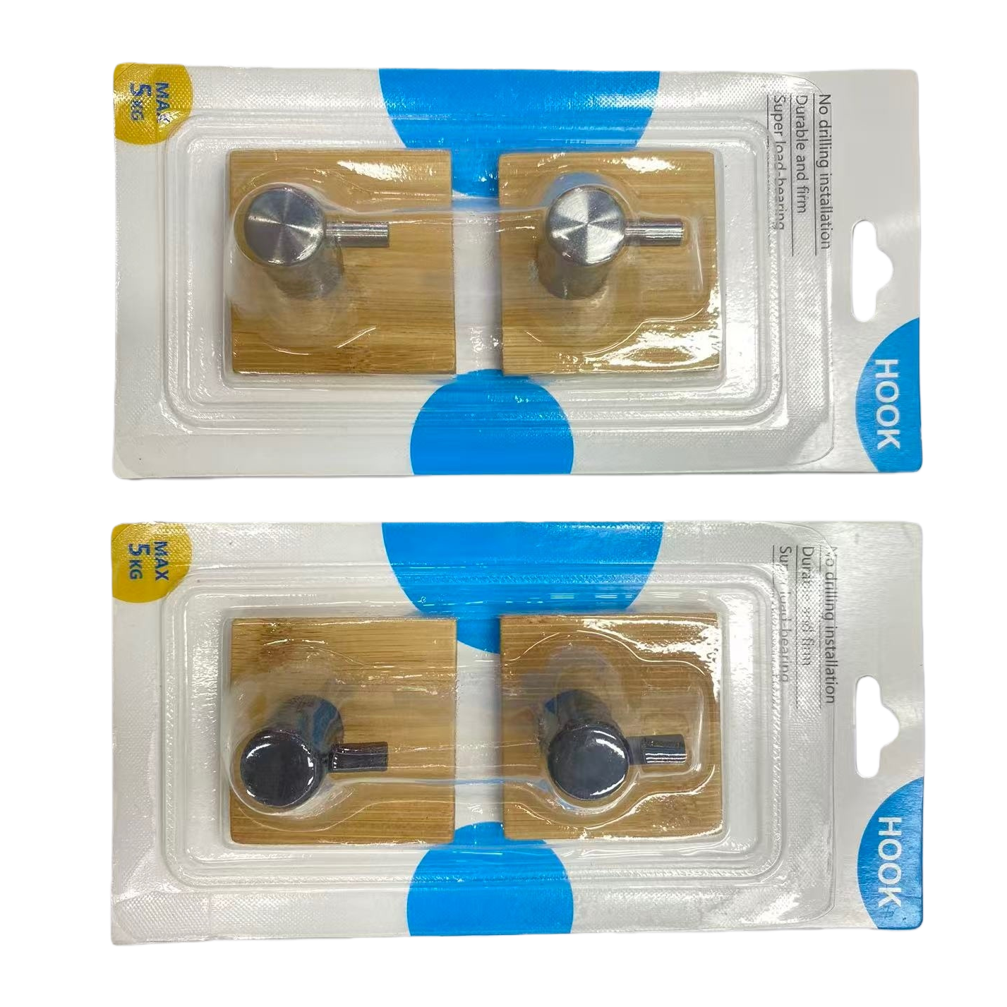 Two packs of metal hooks with bamboo bases, two in each pack. The upper row is silver and the lower row is black Item Picture