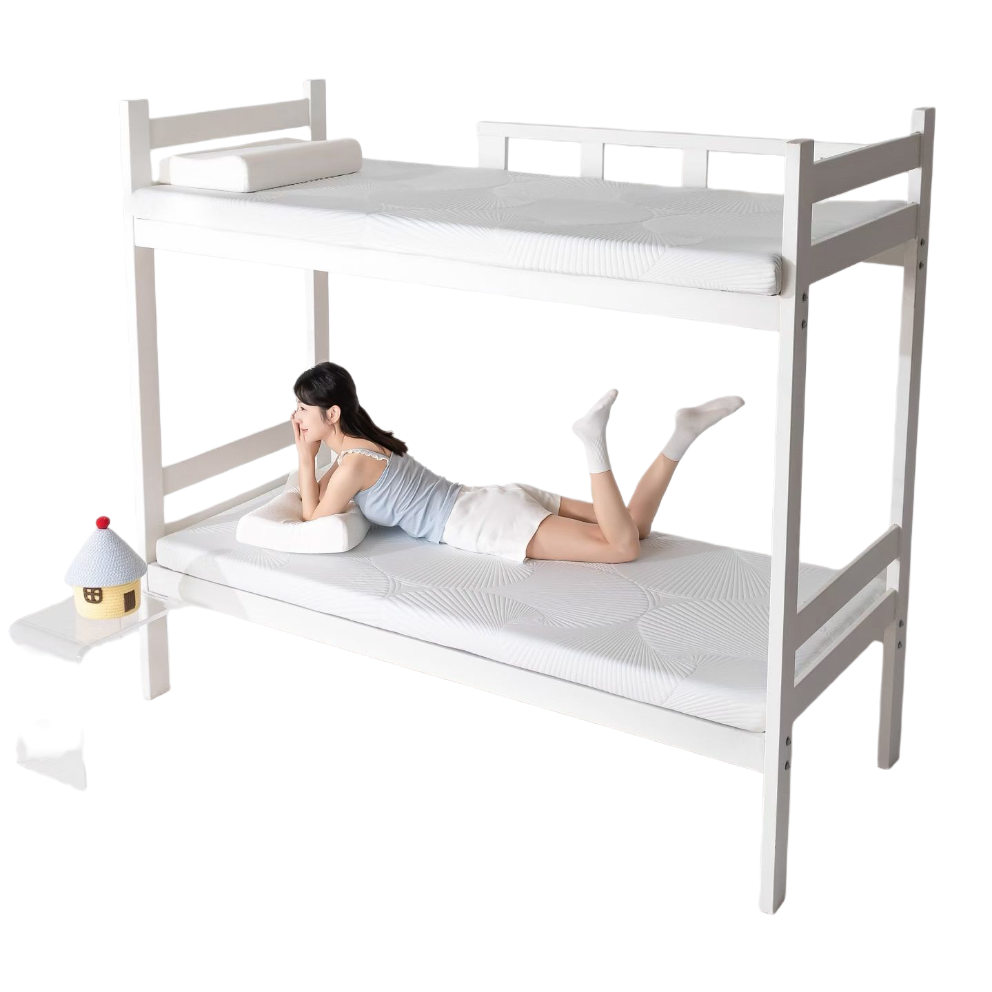 A white bunk bed with a mattress and pillow, a female lower bunk for rest, a transparent small table with small house ornaments Item Picture