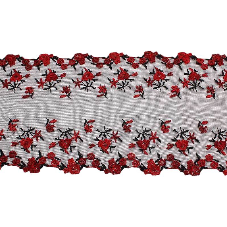 Red embroidered floral lace trim Item Picture