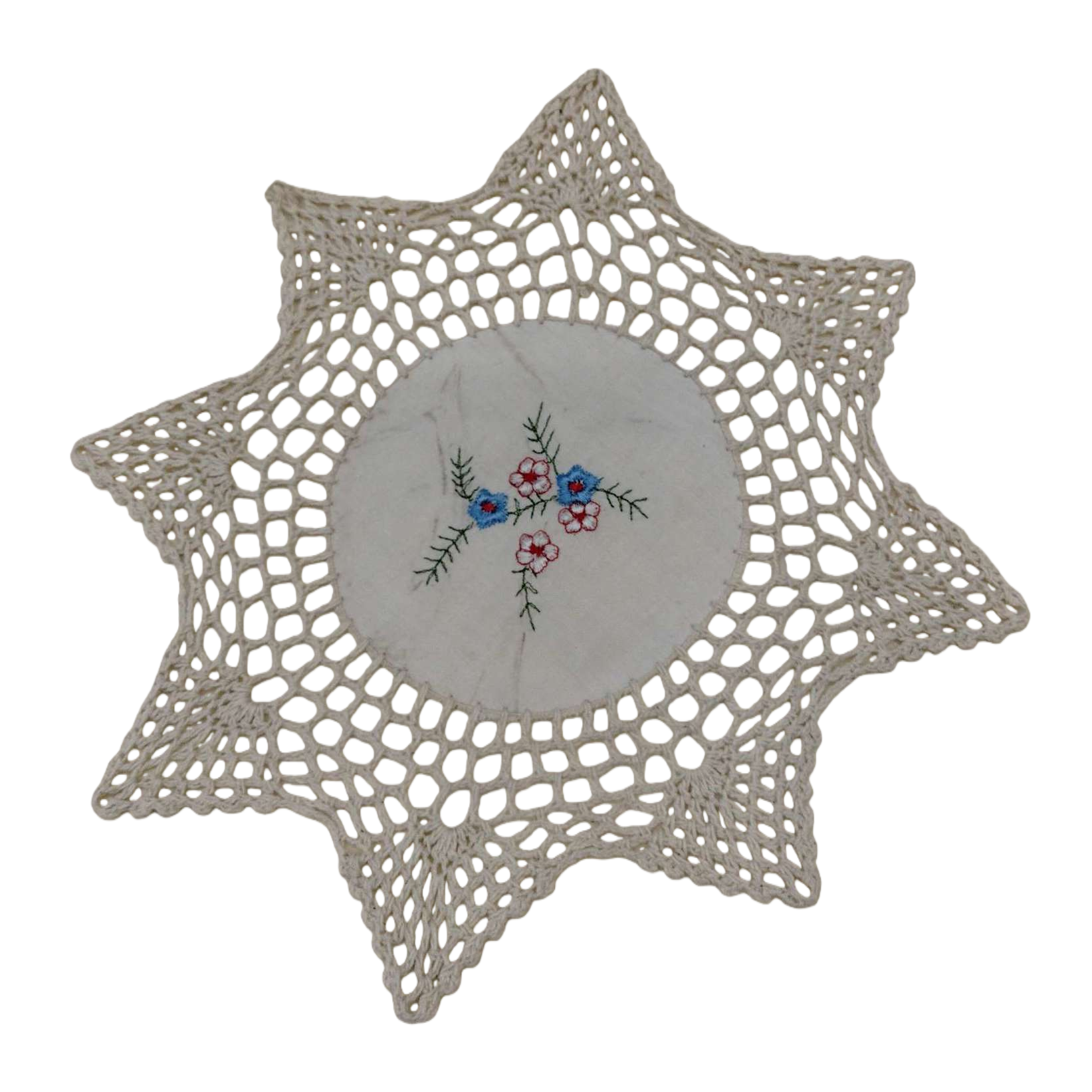 The center of the off-white hand-crochet star-shaped table cushion is embroidered with small blue and red flower patterns Item Picture