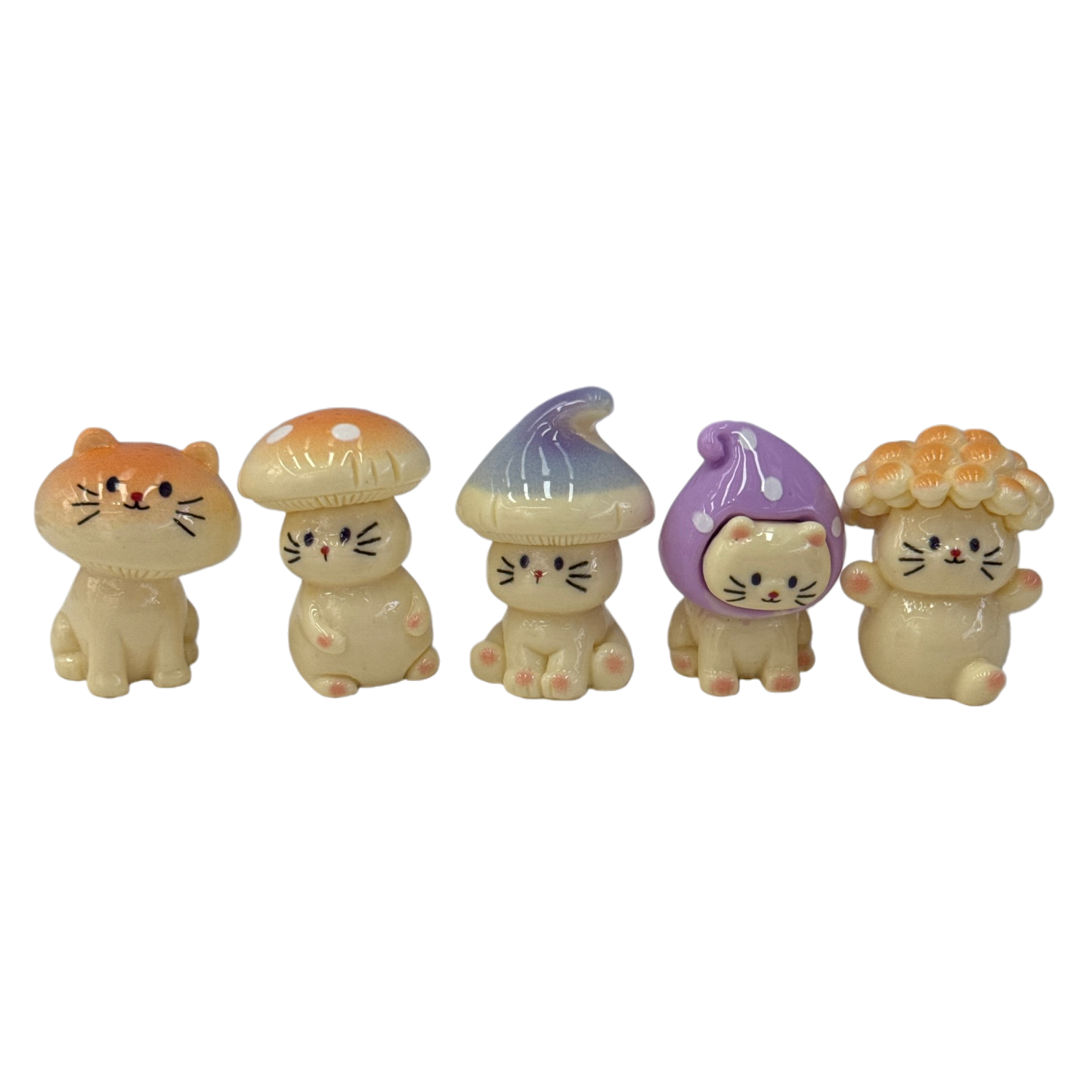 Five cream-colored kitten figurines in a cute sitting position. Orange and white gradient, blue and purple, purple polka dots, orange headwear, light purple perforated board background Item Picture