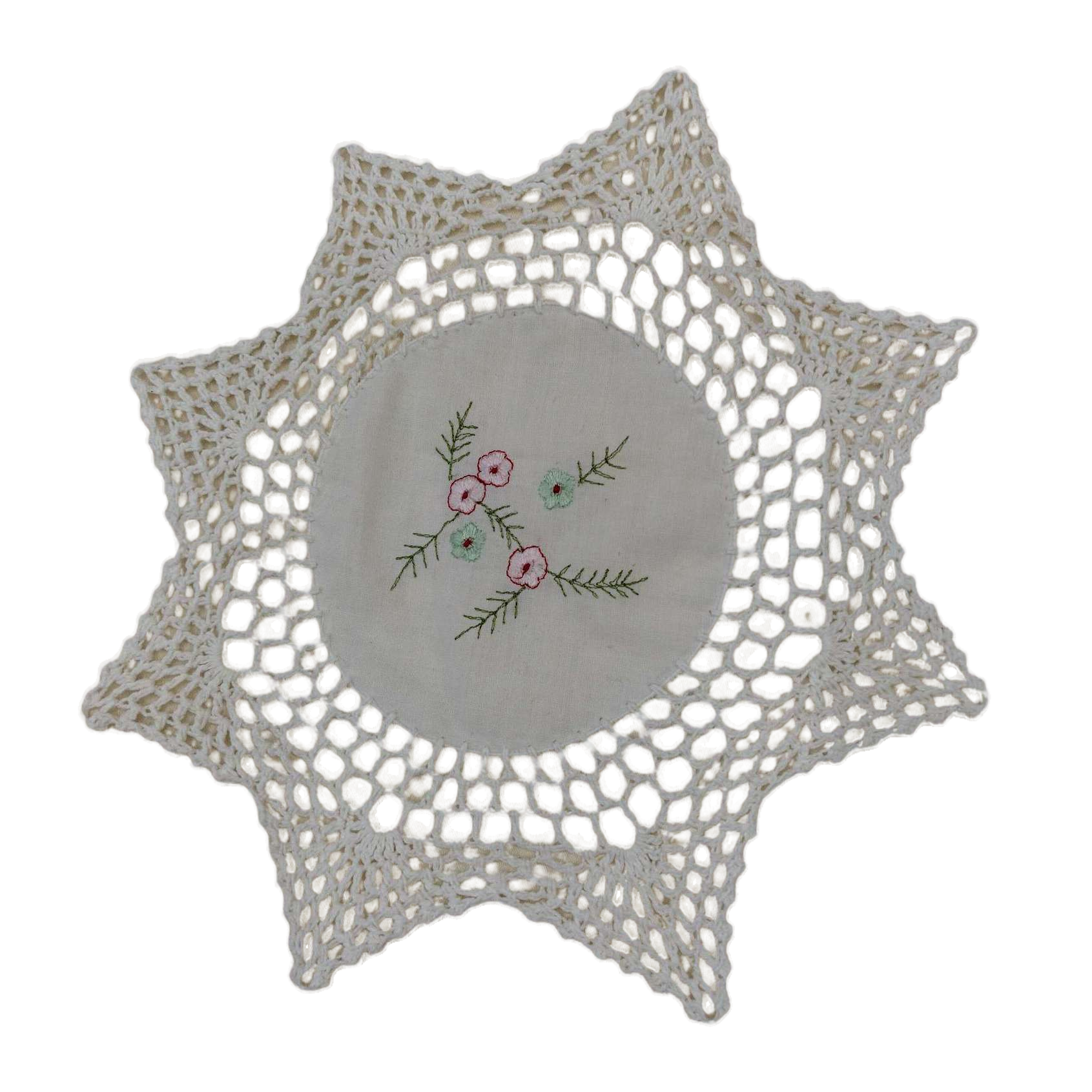 The center of the white hand-crochet star-shaped pad is embroidered with a pinkish-green small flower pattern Item Picture