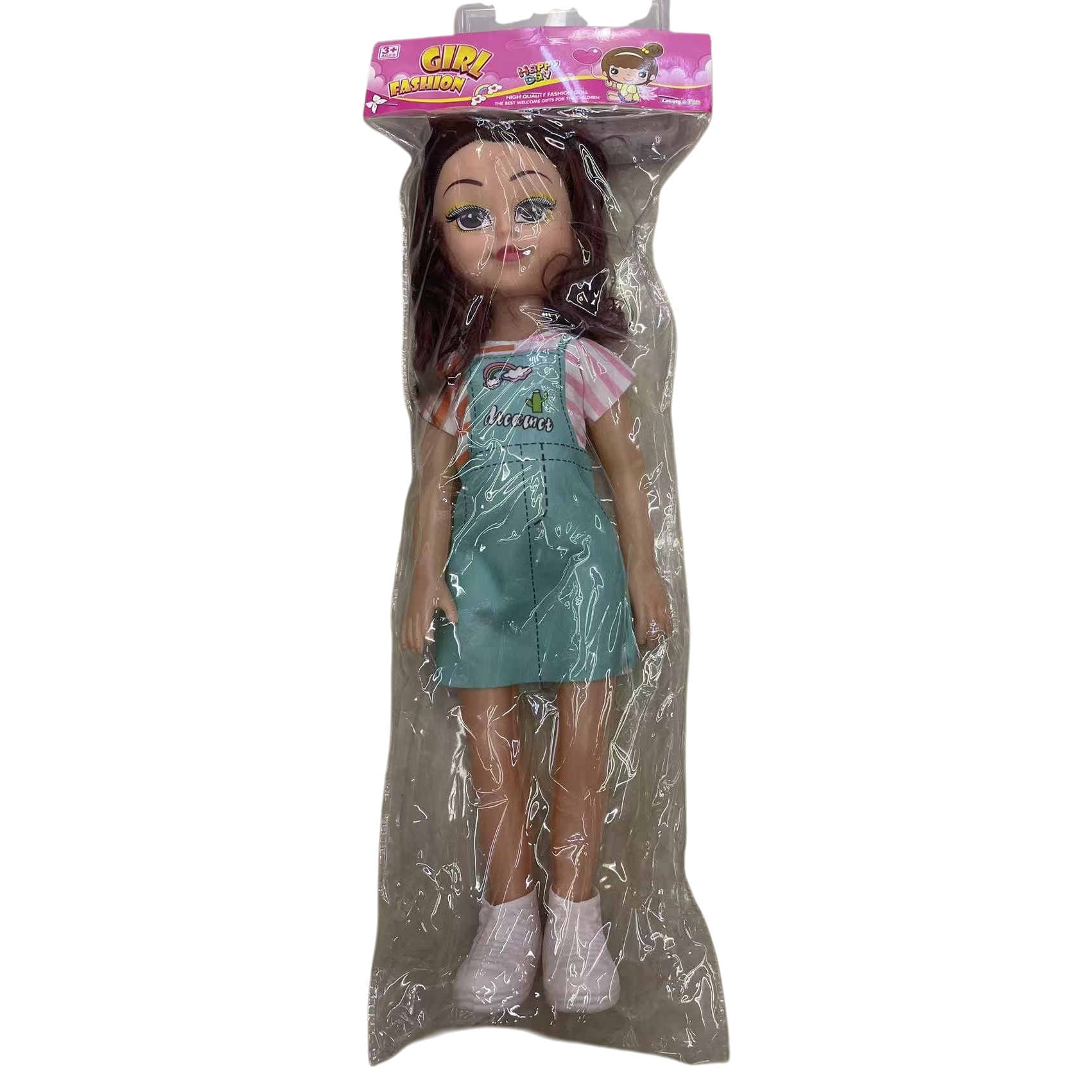 A girl with long brown hair, a doll in transparent plastic packaging, a striped top, a green halter dress and white shoes Item Picture