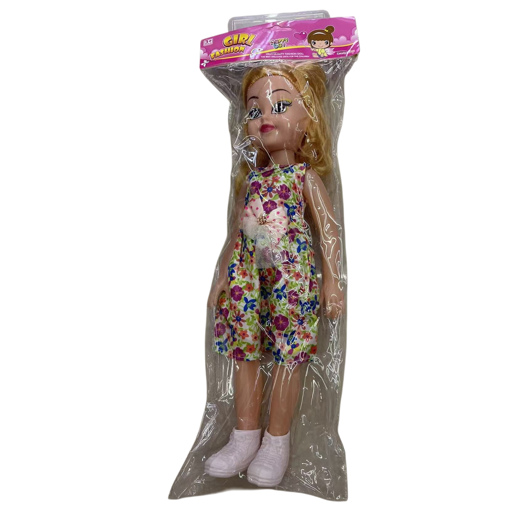 Golden long-haired doll, floral jumpsuit, white shoes, plush toy for girls Item Picture