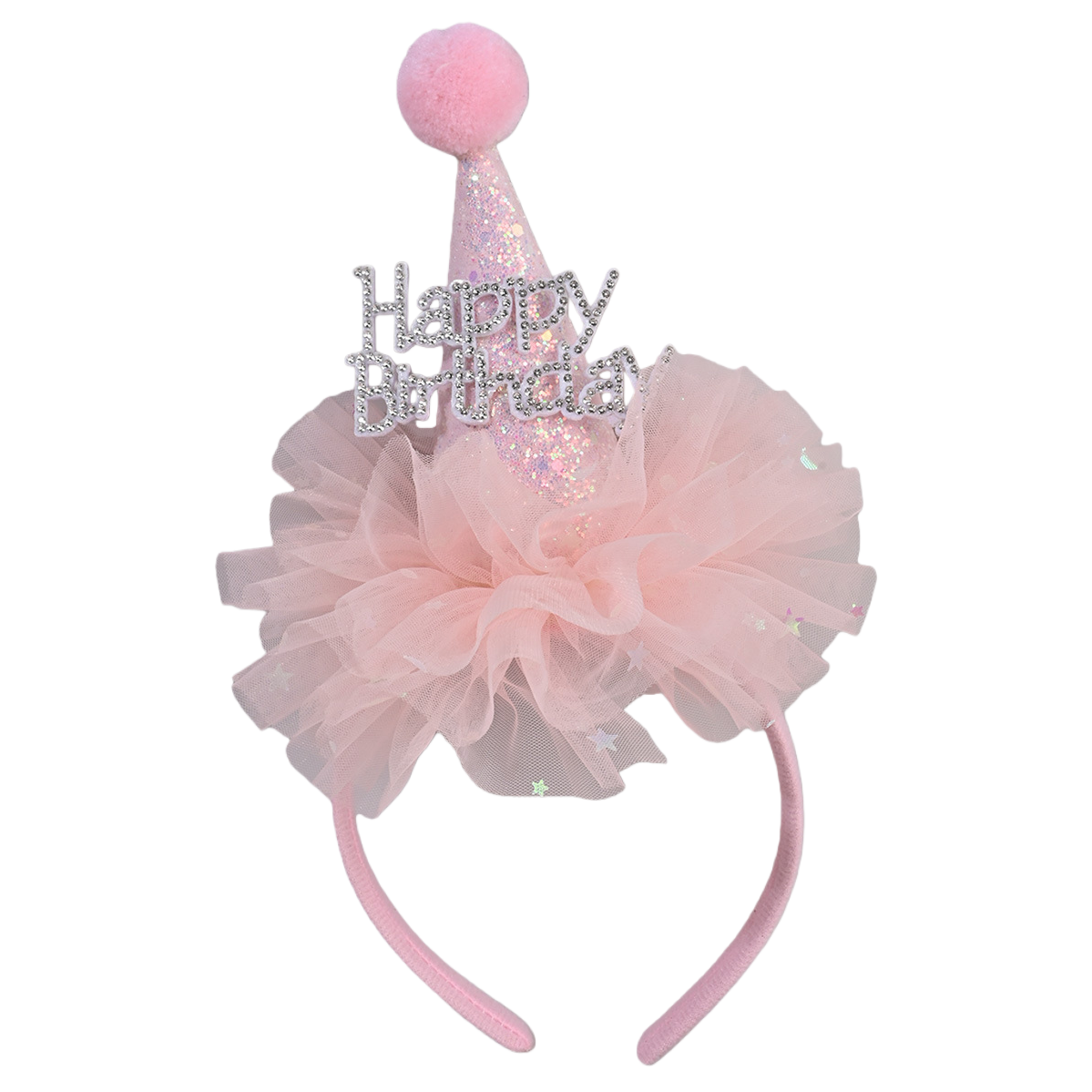 Pink Birthday hat, hairband, sequined pointed top, fluffy ball, gauze garland, Happy Birthday, silver diamond Item Picture