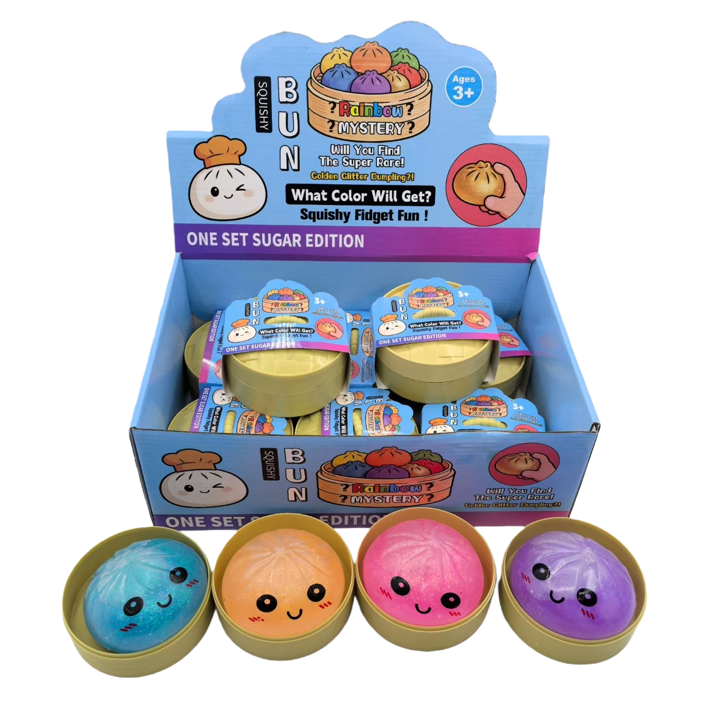 Colorful Squishy Bun stress-relieving toy set: blue, orange, pink and purple four-color glittering buns, smiling face shape, golden round container Item Picture