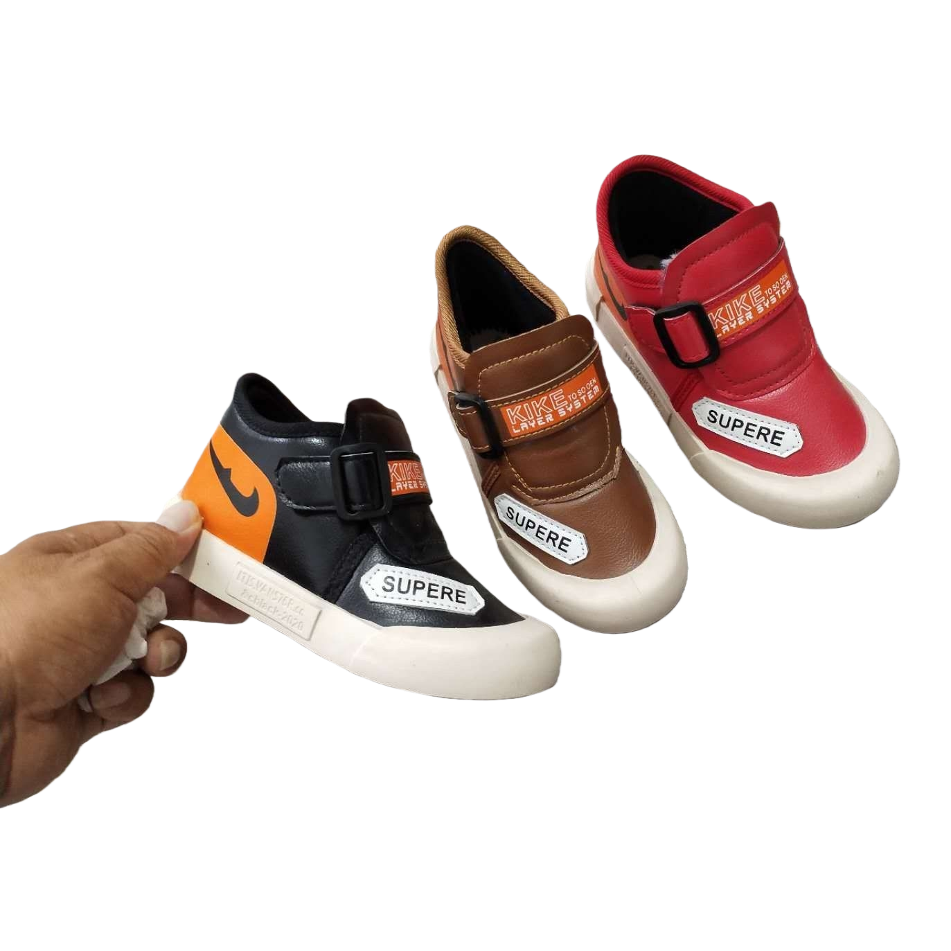 Three pairs of colorful children's Velcro sports shoes for boys and girls to wear casually Item Picture