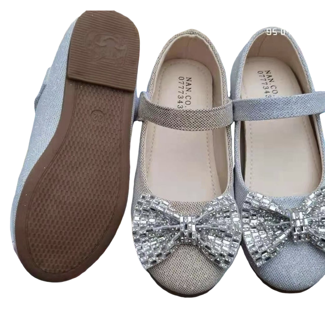 Silver sequined girls' bow single shoes, versatile small leather shoes for girls in spring and summer Item Picture