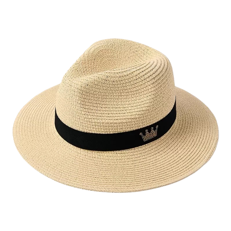 A beige straw hat with black ribbons and a crown decoration Item Picture