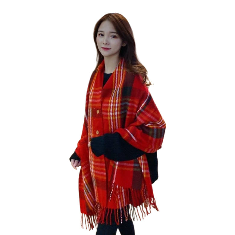 Red checkered scarf shawl for warmth in autumn and winter, made of pure cotton in large size, fashionable and versatile Item Picture