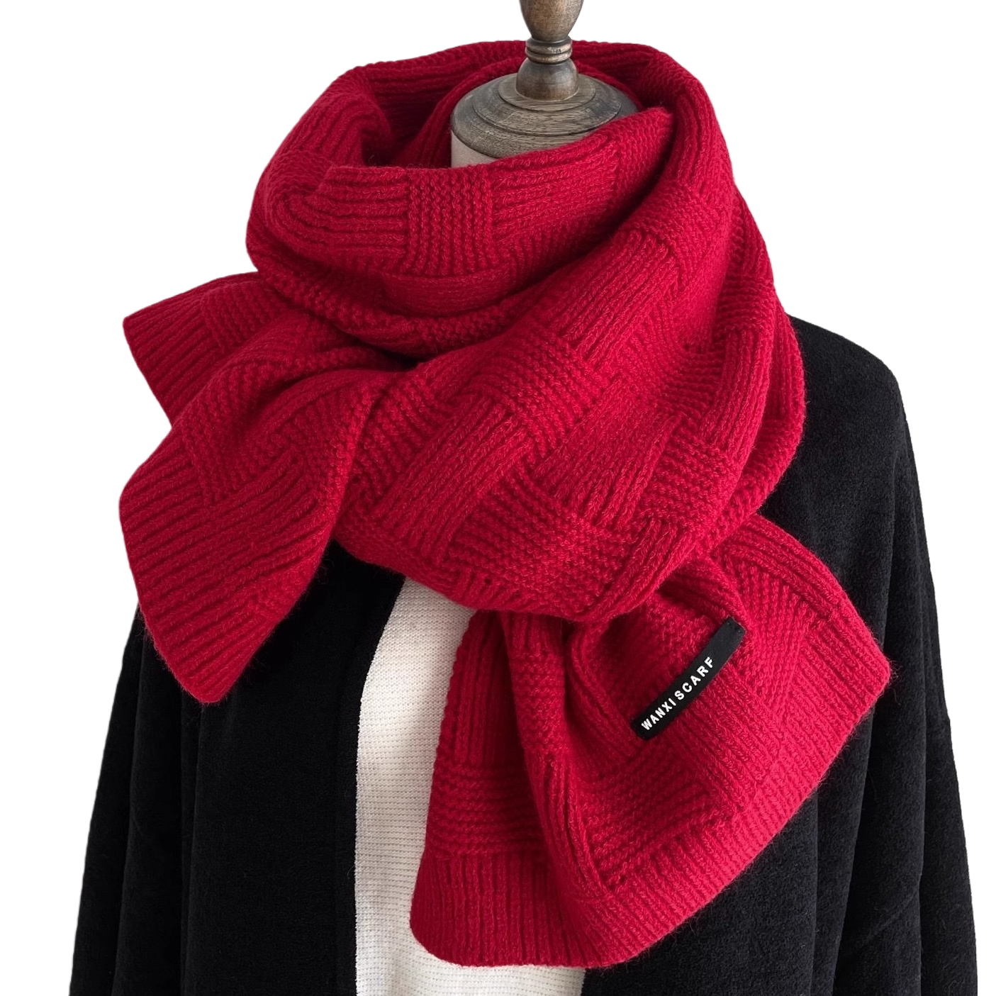 Red knitted scarf for women, warm and versatile in autumn and winter, solid color woolen long style Item Picture