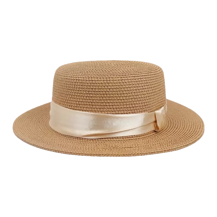 A khaki beige wide-brimmed woven straw hat with a lustrous ribbon bow Item Picture