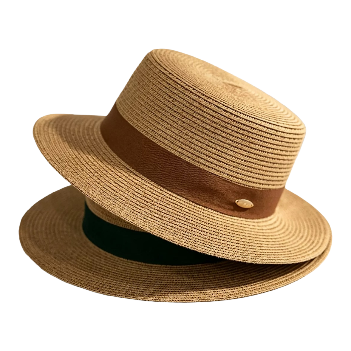 A beige straw-woven top hat with brown ribbon metal fasteners for women's summer sun protection Item Picture