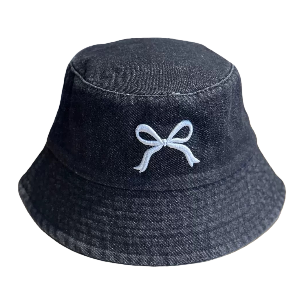 Black cowboy fisherman's hat with white bow embroidery on the front Item Picture