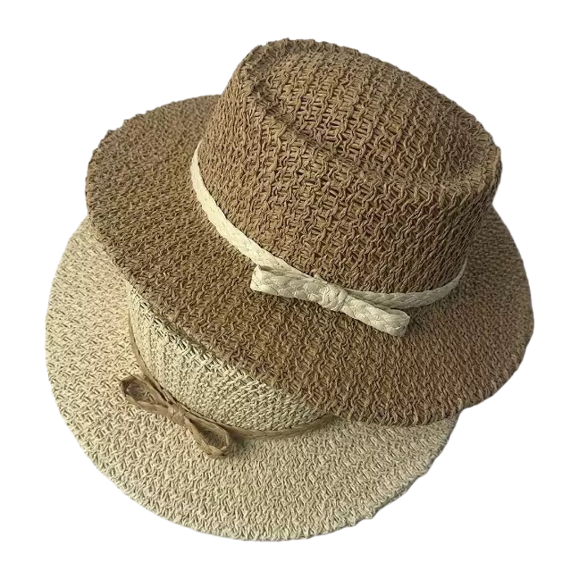Beige woven straw hat with a light-colored bow ribbon Item Picture