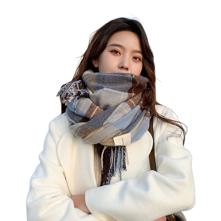 Checkered scarf for women, warm in autumn and winter, pure cotton, fashionable and versatile long scarf Item Picture