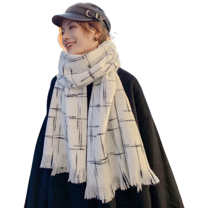 Beige checkered tassel scarf for warm autumn and winter, pure cotton knitted, fashionable and versatile for women Item Picture