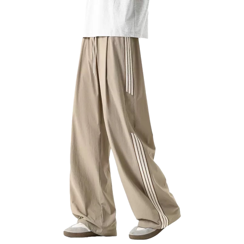 Beige striped high-waisted wide-leg pants with a slimming drape, casual capri pants Item Picture