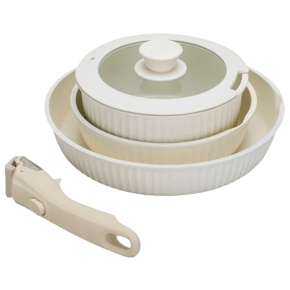 The off-white patterned cookware set is equipped with a glass lid and a handle tool Item Picture