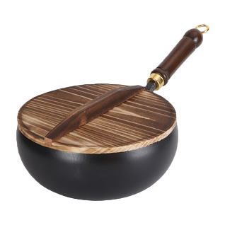 مقلاة سوداء مع أغطية خشبية ومقابض مصنوعة من المقلاة Item Picture