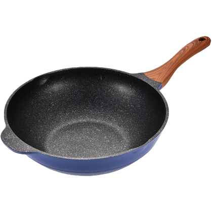 A black-spotted inner pot, blue body and wooden handle wok Item Picture