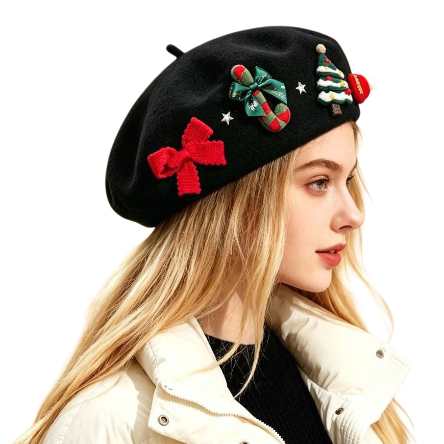 A black beret with a red bow, a green and red cane, a candy Christmas tree, and star patterns are worn by a blonde woman Item Picture
