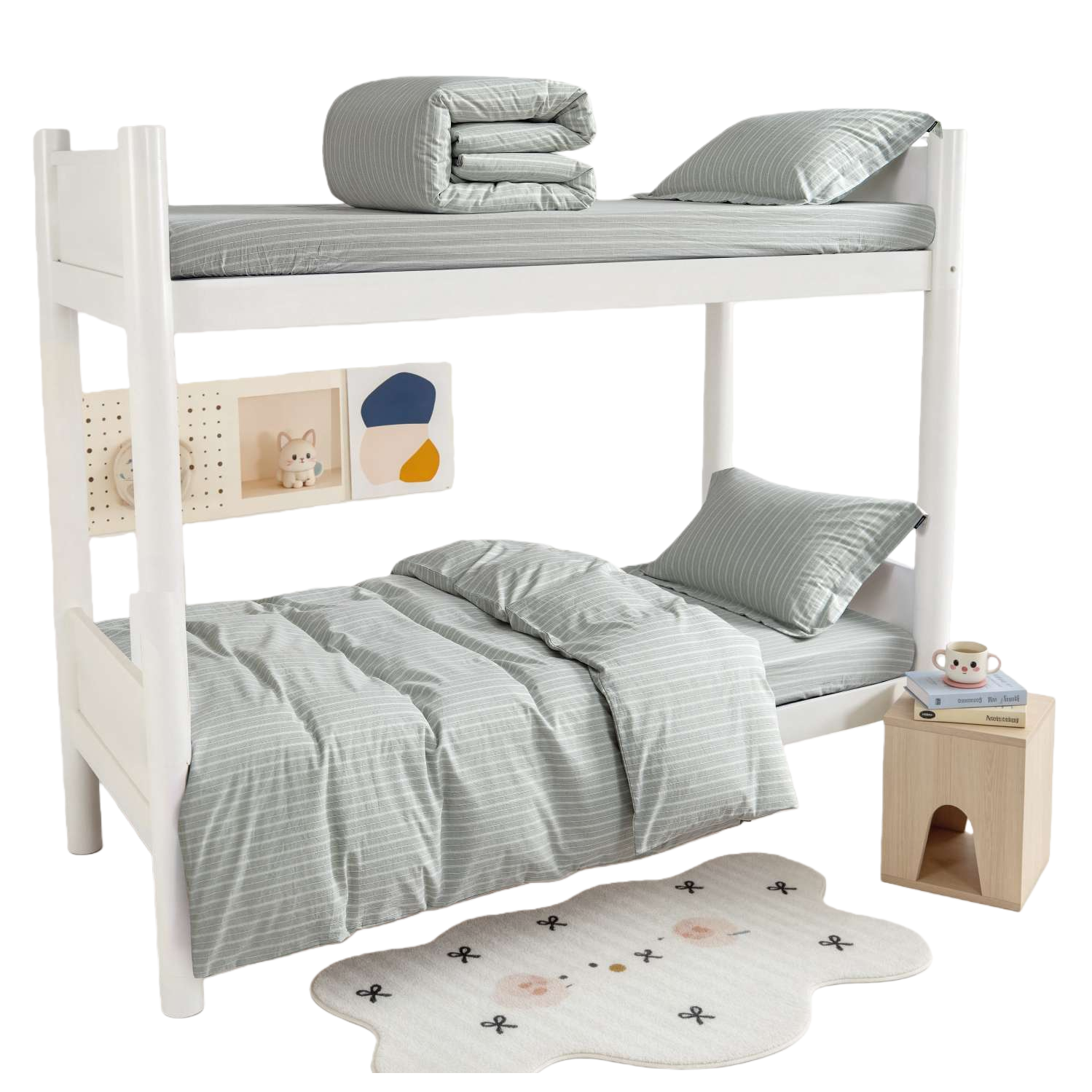A simple and modern children's bunk bed with a white bunk bed and light green striped bedding set Item Picture