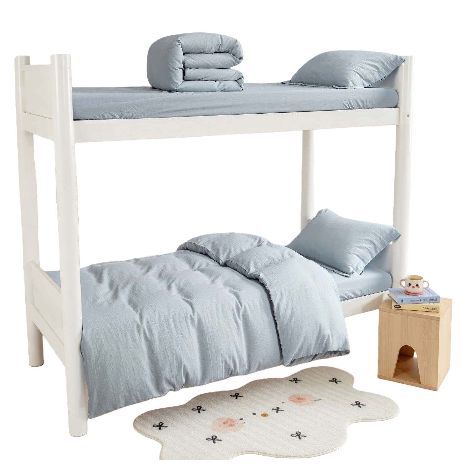 The white bunk bed made of solid wood for children and teenagers in the dormitory is 1.5 meters wide Item Picture