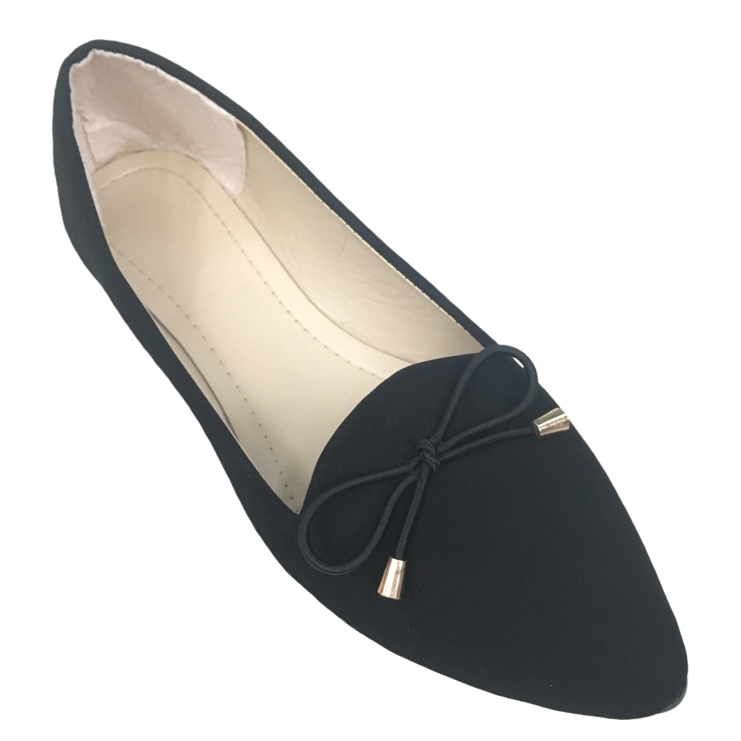 The upper of the black pointed-toe flat shoes is decorated with a black bow and a golden metal cap Item Picture