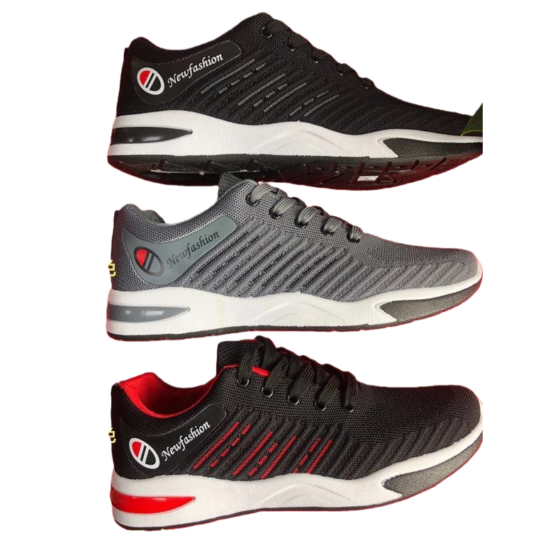 Three pairs of men's sports shoes in black, grey and red Item Picture