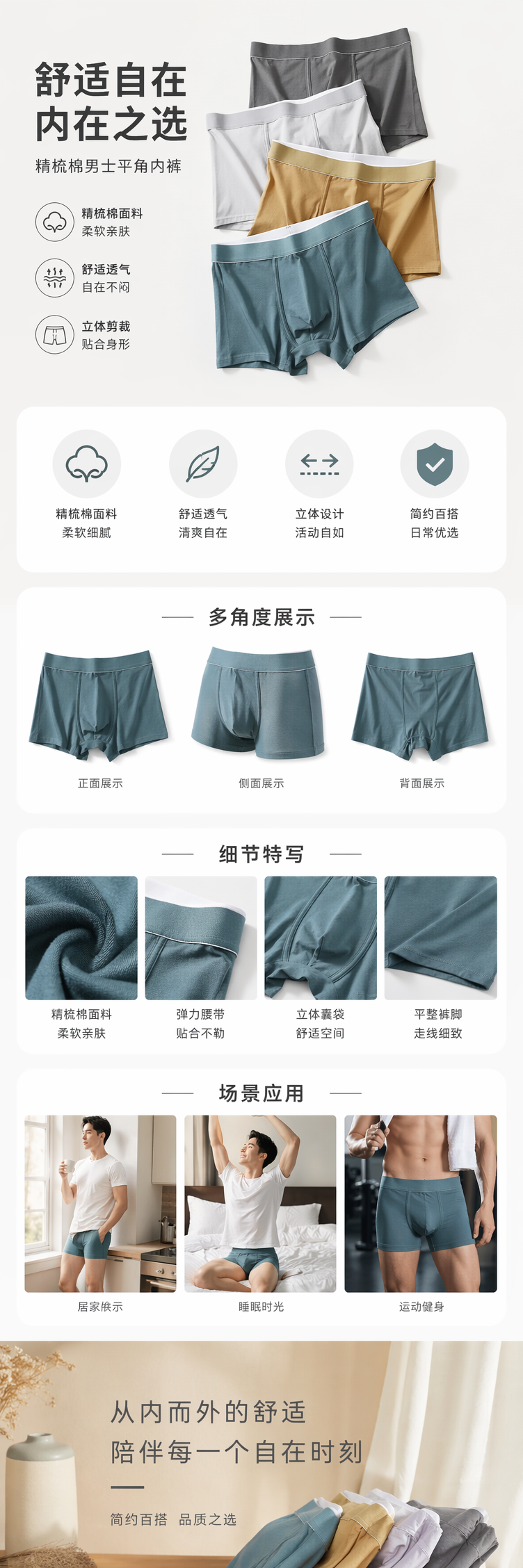 彩色纯棉男士内裤舒适透气无痕基础款详情1
