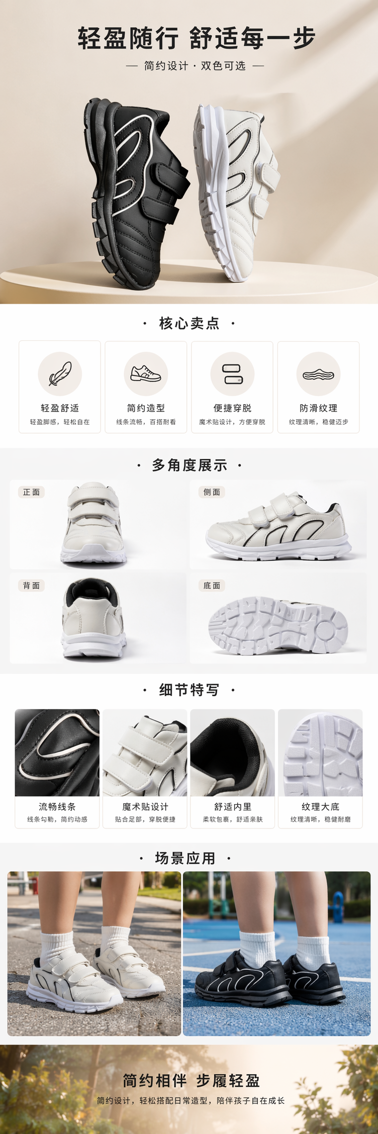 黑色与白色儿童运动鞋透气轻便男童女童休闲跑步鞋 pic 1