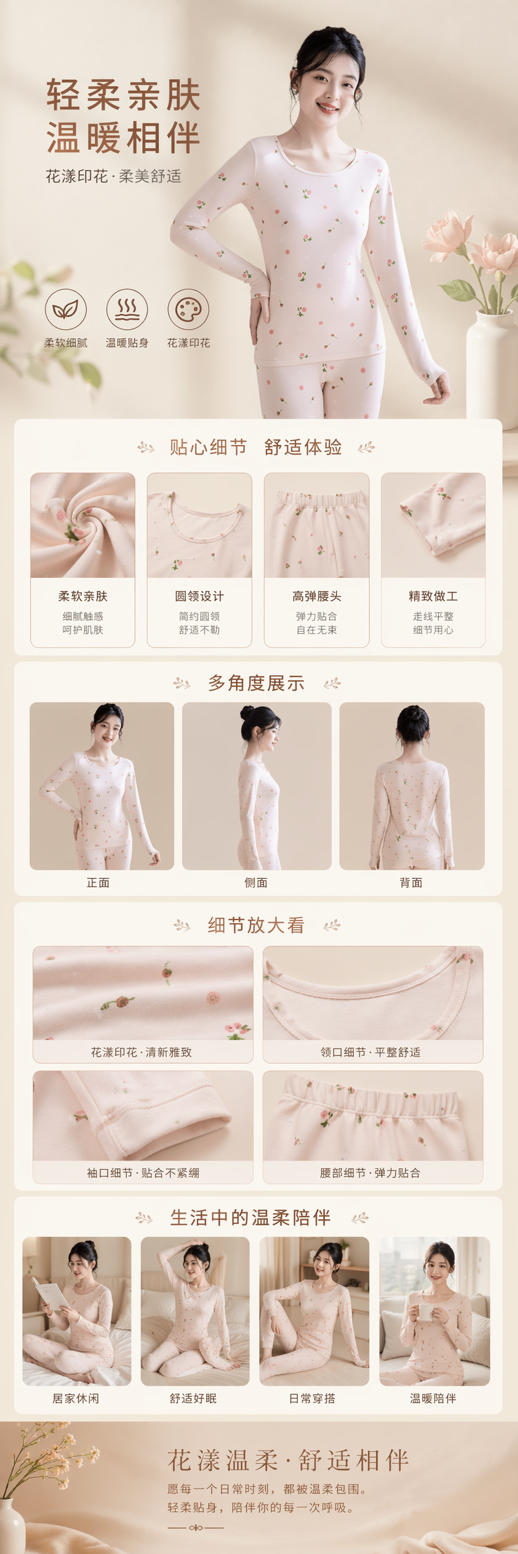 粉色碎花长袖保暖衣套装女秋冬季打底衫内衣套装 pic 1